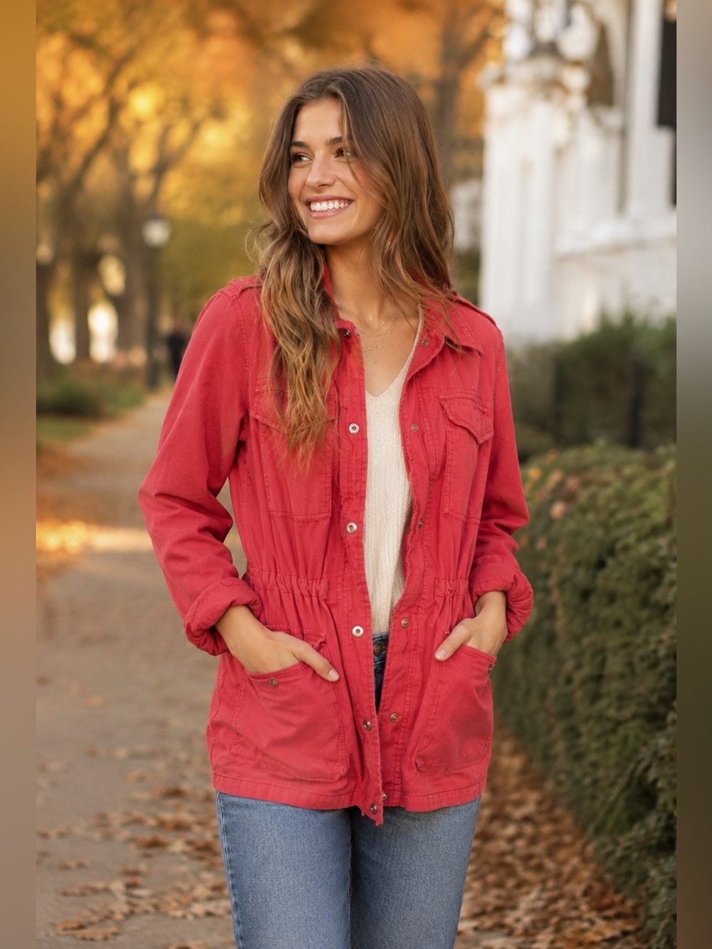 GAP Red Utility Anorak Jacket Women’s XS Cargo Military Safari Drawstring Cotton